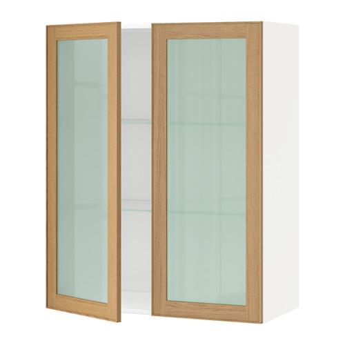 МЕТОД Навесной шкаф с полками/2 стекл дв - белый, Экестад дуб, 80x100 см