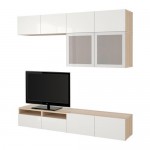 БЕСТО Шкаф для ТВ, комбин/стеклян дверцы - под беленый дуб/Сельсвикен глянцевый/белый матовое стекло, направляющие ящика, плавно закр