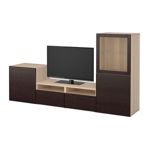 БЕСТО Шкаф для ТВ, комбин/стеклян дверцы - под беленый дуб Синдвик/Инвикен черно-коричневый прозрачное стекло, направляющие ящика,нажимные