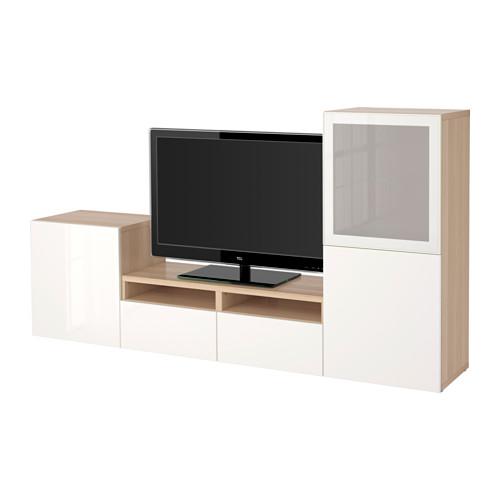 БЕСТО Шкаф для ТВ, комбин/стеклян дверцы - под беленый дуб/Сельсвикен глянцевый/белый матовое стекло, направляющие ящика, плавно закр