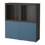 БЕСТО Комбинация д/хранения+стекл дверц - черно-коричневый Вальвикен/темно-синий прозрачное стекло, направляющие ящика,нажимные