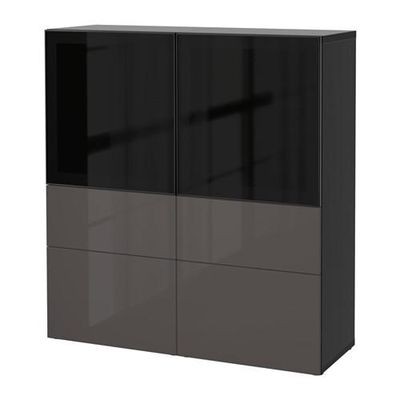 БЕСТО Комбинация д/хранения+стекл дверц - черно-коричневый/Сельсвикен глянцевый/серый дымчатое стекло, направляющие ящика,нажимные