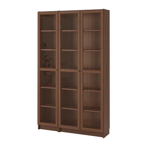 БИЛЛИ / ОКСБЕРГ Шкаф книжный со стеклянными дверьми - коричневый ясеневый шпон