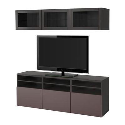 БЕСТО Шкаф для ТВ, комбин/стеклян дверцы - черно-коричневый/Вальвикен темно-коричневый, прозрачное стекло, направляющие ящика,нажимные