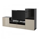 БЕСТО Шкаф для ТВ, комбин/стеклян дверцы - черно-коричневый/Сельсвикен глянцевый/бежевый/дымчатое стекло, направляющие ящика, плавно закр