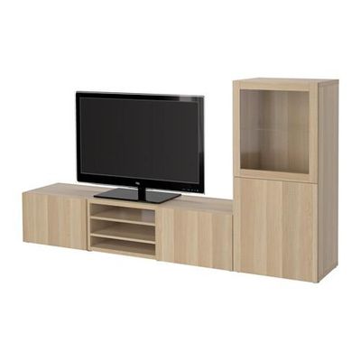 БЕСТО Шкаф для ТВ, комбин/стеклян дверцы - Лаппвикен/Синдвик под беленый дуб, прозрачное стелко, направляющие ящика, плавно закр