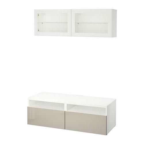 БЕСТО Шкаф для ТВ, комбин/стеклян дверцы - белый/Сельсвикен глянцевый/бежевый прозрачное стекло, направляющие ящика, плавно закр БЕСТО Шкаф для ТВ, комбин/стеклян дверцы - белый/Сельсвикен глянцевый/бежевый прозрачное стекло, направляющие ящика, плавно закр