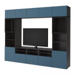 БЕСТО Шкаф для ТВ, комбин/стеклян дверцы - черно-коричневый Вальвикен/темно-синий прозрачное стекло, направляющие ящика, плавно закр