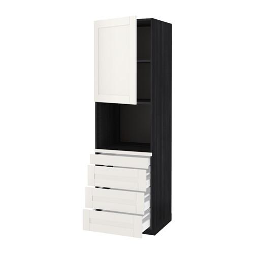 МЕТОД / МАКСИМЕРА Высокий шкаф д/комбинир СВЧ/4 ящика - под дерево черный, Сэведаль белый, 60x60x200 см