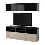 БЕСТО Шкаф для ТВ, комбин/стеклян дверцы - черно-коричневый/Сельсвикен глянцевый/бежевый/дымчатое стекло, направляющие ящика, плавно закр