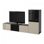 БЕСТО Шкаф для ТВ, комбин/стеклян дверцы - белый/Сельсвикен глянцевый/бежевый/дымчатое стекло, направляющие ящика,нажимные