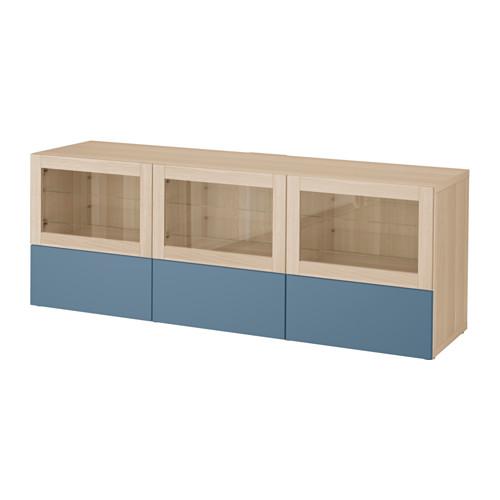 БЕСТО Тумба под ТВ, с дверцами и ящиками - под беленый дуб Вальвикен/темно-синий прозрачное стекло, направляющие ящика,нажимные