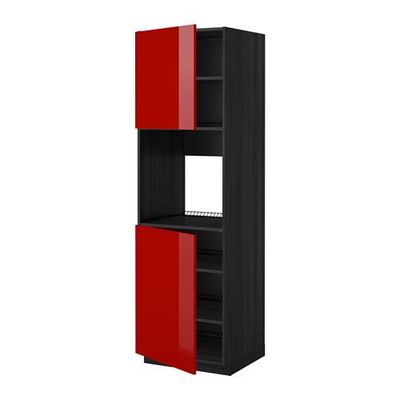 МЕТОД Высок шкаф д/духовки/2дверцы/полки - 60x60x200 см, Рингульт глянцевый красный, под дерево черный