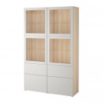 БЕСТО Комбинация д/хранения+стекл дверц - под беленый дуб Синдвик/Лаппвикен светло-серый прозрачное стекло, направляющие ящика, плавно закр