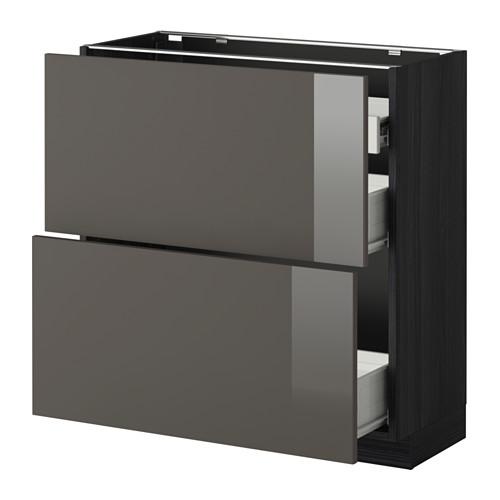 МЕТОД / ФОРВАРА Нап шкаф 2 фрнт пнл/1низк/2ср ящ - под дерево черный, Рингульт глянцевый серый, 80x37 см