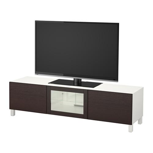 БЕСТО Тумба под ТВ с ящиками и дверцей - белый/Инвикен черно-коричневый прозрачное стекло, направляющие ящика,нажимные