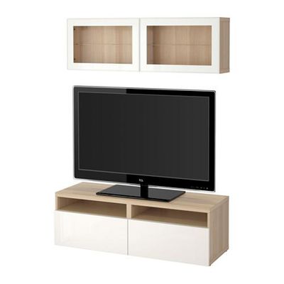 БЕСТО Шкаф для ТВ, комбин/стеклян дверцы - под беленый дуб/Сельсвикен глянцевый/белый прозрачное стекло, направляющие ящика, плавно закр