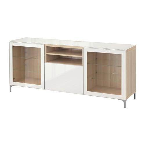 БЕСТО Тумба под ТВ - под беленый дуб/Сельсвикен глянцевый/белый прозрачное стекло, направляющие ящика, плавно закр