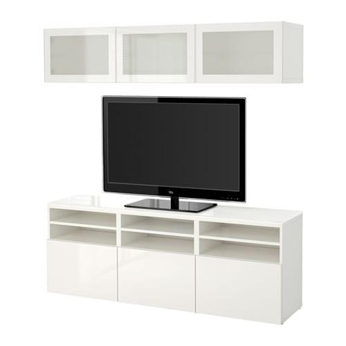 БЕСТО Шкаф для ТВ, комбин/стеклян дверцы - белый/Сельсвикен глянцевый/белый матовое стекло, направляющие ящика,нажимные