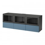 БЕСТО Тумба под ТВ, с дверцами и ящиками - черно-коричневый Вальвикен/темно-синий прозрачное стекло, направляющие ящика, плавно закр