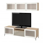 БЕСТО Шкаф для ТВ, комбин/стеклян дверцы - под беленый дуб/Сельсвикен глянцевый/бежевый матовое стекло, направляющие ящика, плавно закр