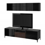 БЕСТО Шкаф для ТВ, комбин/стеклян дверцы - черно-коричневый/Сельсвикен глянцевый/коричневый дымчат стекло, направляющие ящика, плавно закр