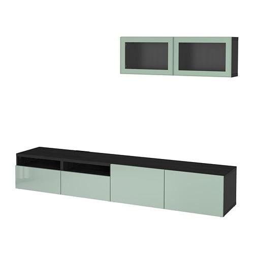 БЕСТО Шкаф для ТВ, комбин/стеклян дверцы - черно-коричневый Сельсвикен/глянцевый/серо-зеленый светлый прозрачное стекло, направляющие ящика, плавно закр