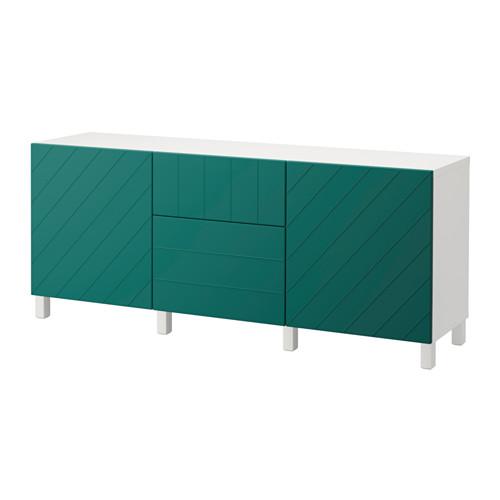 БЕСТО Комбинация для хранения с ящиками - белый/Халлставик сине-зеленый, направляющие ящика, плавно закр