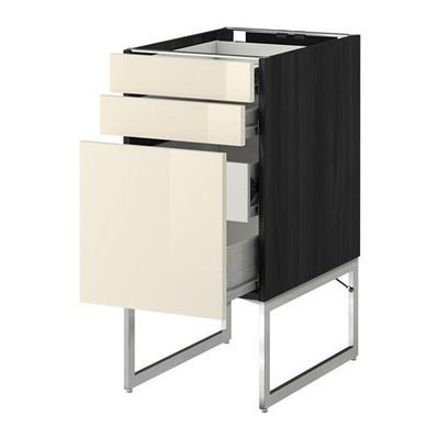 МЕТОД / ФОРВАРА Напольн шкаф 3фронт пнл/2низ/2ср ящ - 40x60x60 см, Рингульт глянцевый кремовый, под дерево черный