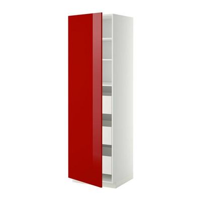 МЕТОД / МАКСИМЕРА Высокий шкаф с ящиками - 60x60x200 см, Рингульт глянцевый красный, белый