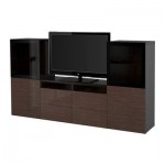 БЕСТО Шкаф для ТВ, комбин/стеклян дверцы - черно-коричневый/Сельсвикен глянцевый/коричневый прозрач стекло, направляющие ящика, плавно закр