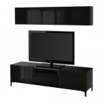 БЕСТО Шкаф для ТВ, комбин/стеклян дверцы - черно-коричневый/Сельсвикен глянцевый/черный дымчатое стекло, направляющие ящика,нажимные