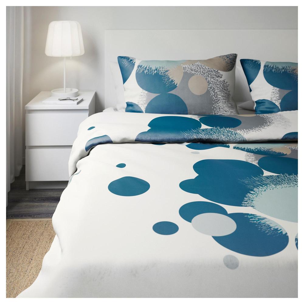 Ikea BOLLTISTEL King Duvet Cover w/2 Pillowcases Bed Set White Blue NEW 