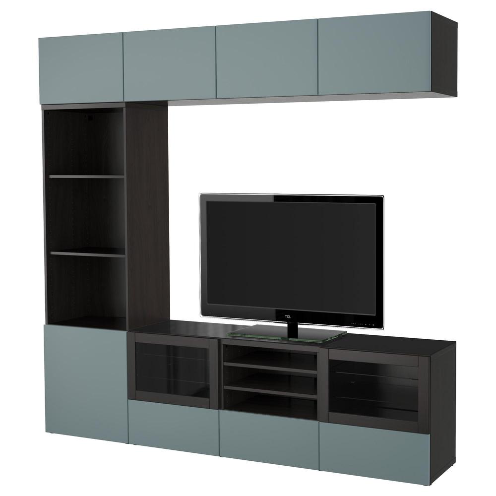 Standaard Bejaarden vee BESTÅ TV-meubel, in combinatie / glazen deuren - zwart-bruin / grijs  Valviken turkoois, transparant glas, ladegeleiders, voorzichtig CLOSE  (791.966.74) - reviews, prijs, waar te kopen